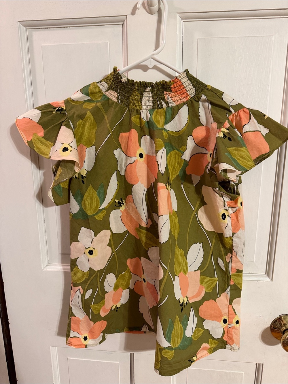 THML Olive Green Floral Off-Shoulder Top with Peach and Cream Blooms